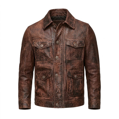 Men’s Vintage Distressed Brown Leather Button-Up Jacket front view with four flap pockets