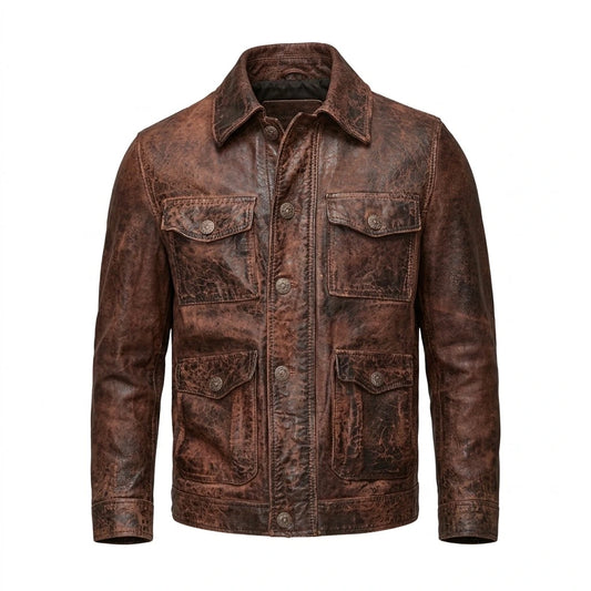 Men’s Vintage Distressed Brown Leather Button-Up Jacket front view with four flap pockets