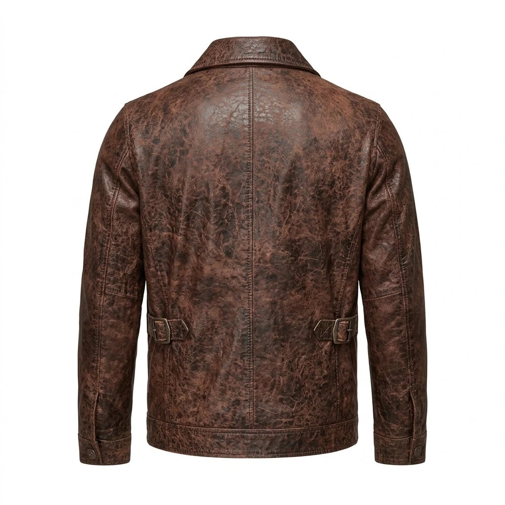 Men’s Vintage Distressed Brown Leather Button-Up Jacket front view with four flap pockets