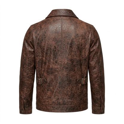 Men’s Vintage Distressed Brown Leather Button-Up Jacket front view with four flap pockets