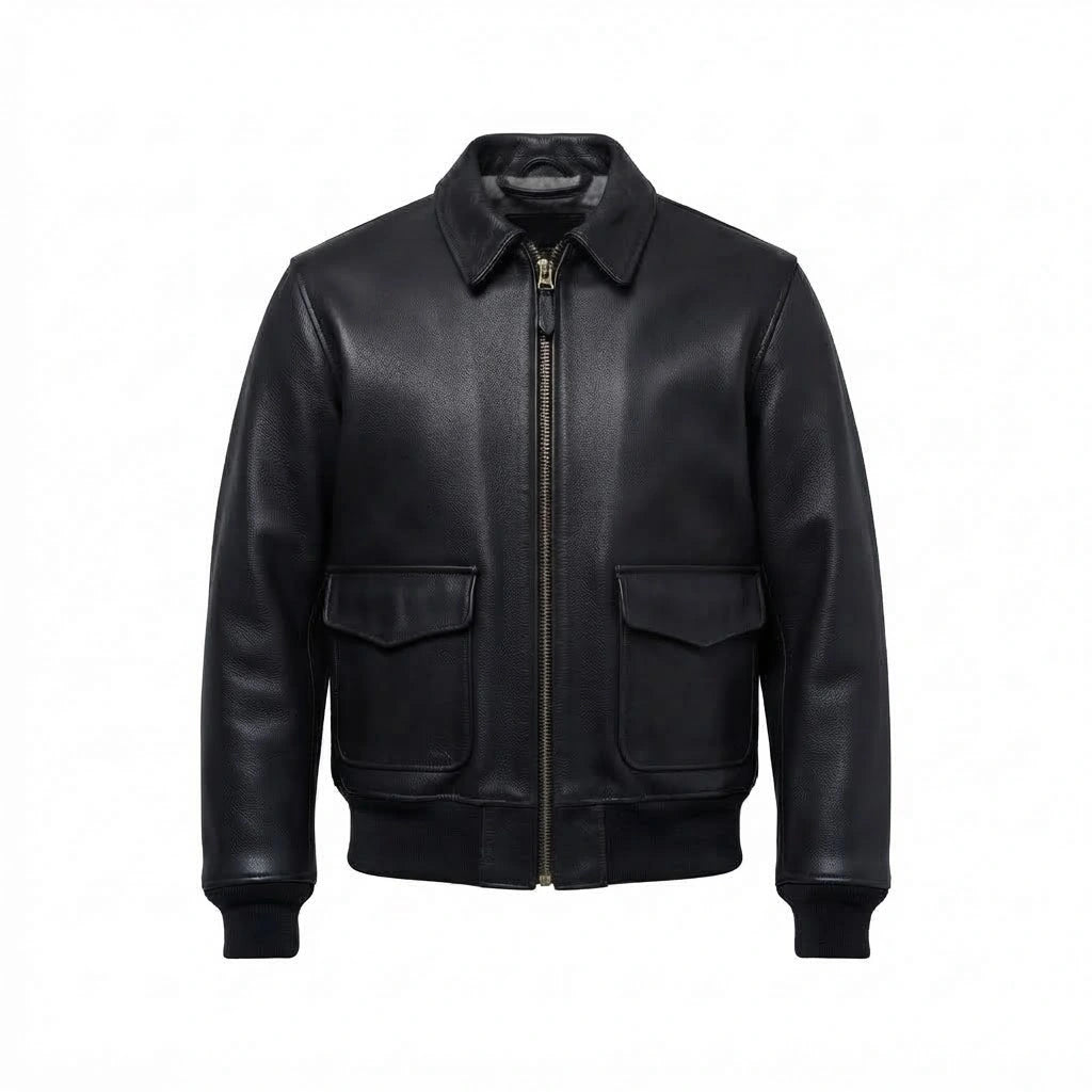 Men’s Vintage Lambskin A2 Black Flying Leather Bomber Jacket front view featuring soft black lambskin, shirt collar, dual patch pockets, and ribbed trim 