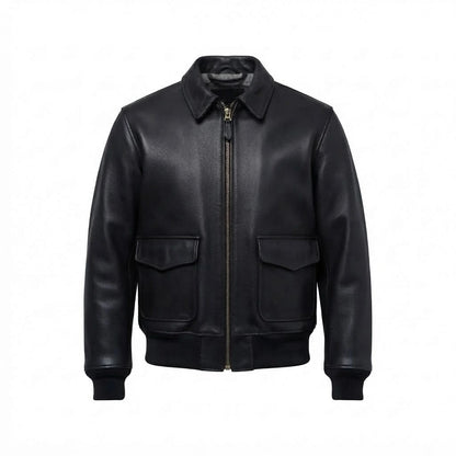 Men’s Vintage Lambskin A2 Black Flying Leather Bomber Jacket front view featuring soft black lambskin, shirt collar, dual patch pockets, and ribbed trim 