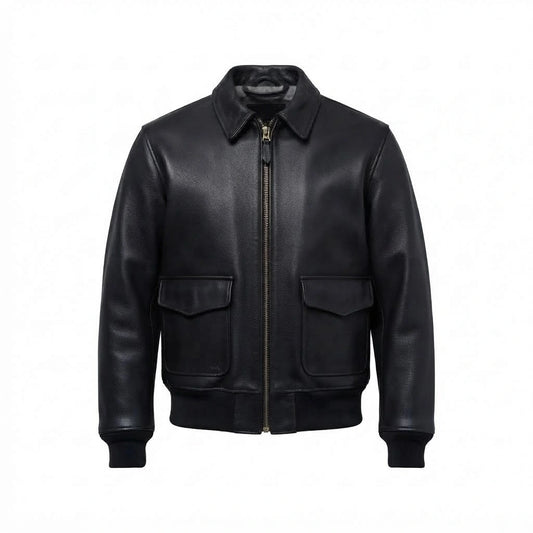 Men’s Vintage Lambskin A2 Black Flying Leather Bomber Jacket front view featuring soft black lambskin, shirt collar, dual patch pockets, and ribbed trim 