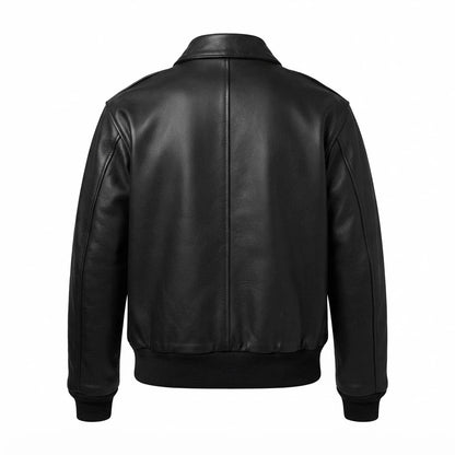 Men’s Vintage Lambskin A2 Black Flying Leather Bomber Jacket front view featuring soft black lambskin, shirt collar, dual patch pockets, and ribbed trim 