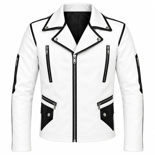 Men’s White & Black Studded Brando Biker Jacket front view featuring crisp white genuine leather, black contrast trim, asymmetric zip, and metal hardware