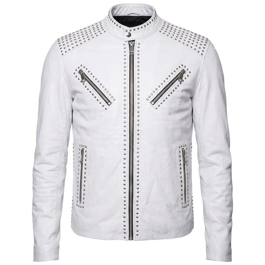 Men’s White Studded Brando Biker Leather Jacket front view featuring genuine white leather, silver dome stud tracks, snap collar, and center zip   
