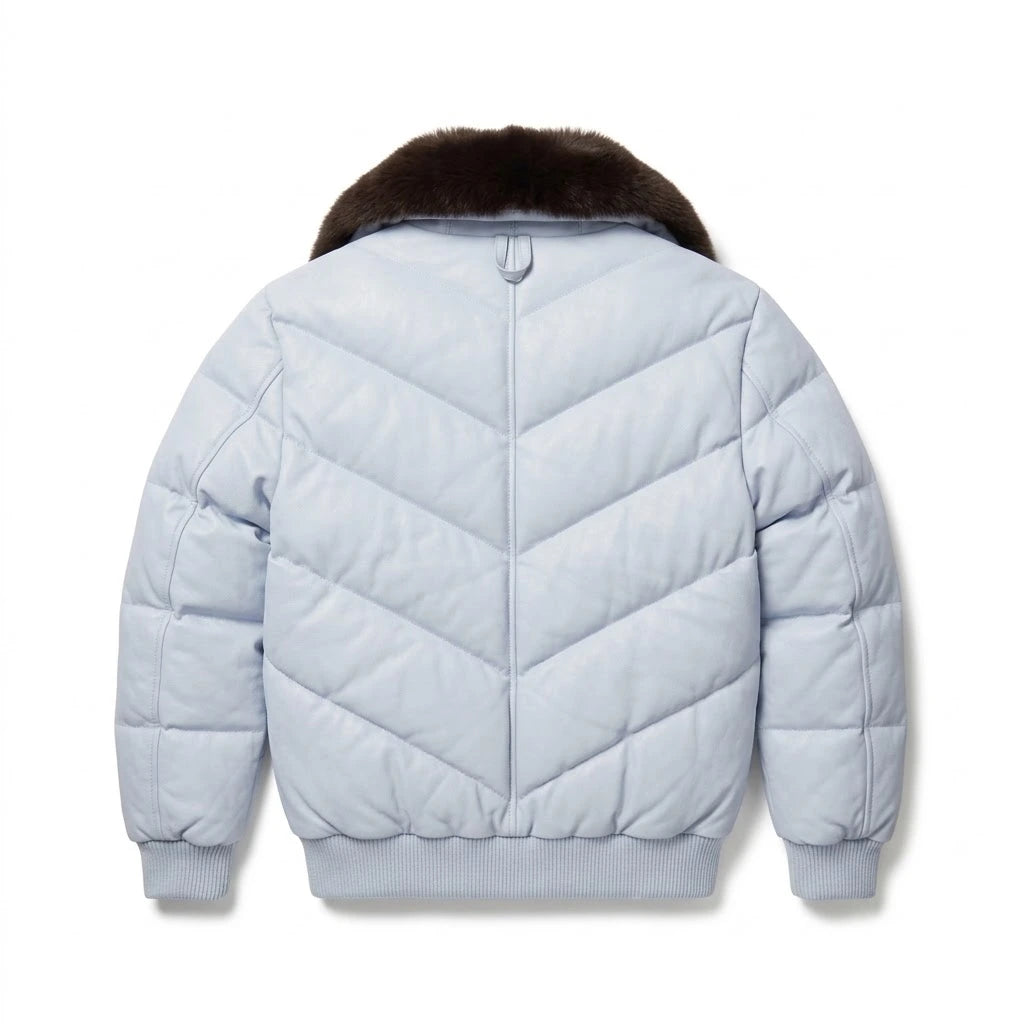 Men’s White V-Bomber Jacket with black fur collar 