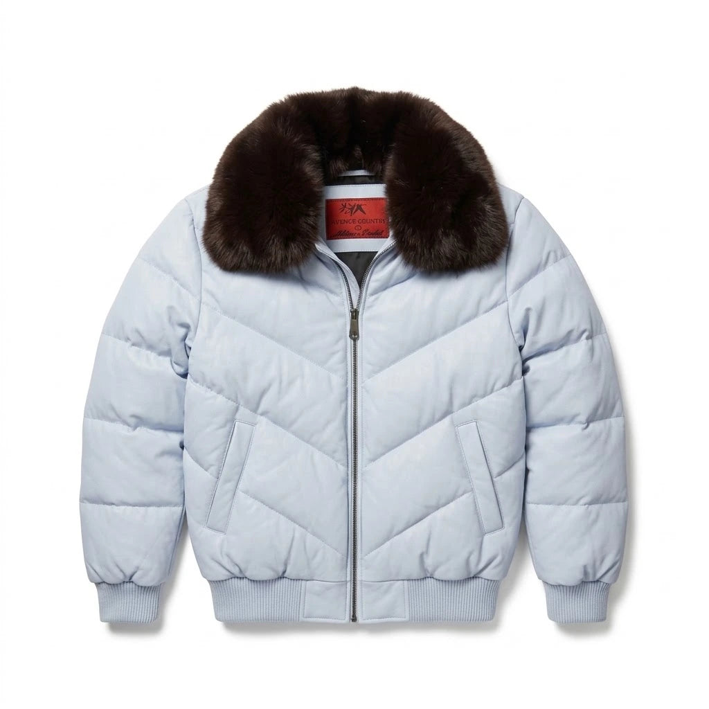 Men’s White V-Bomber Jacket with black fur collar 