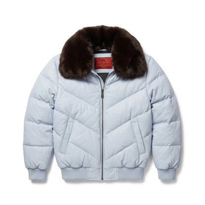 Men’s White V-Bomber Jacket with black fur collar 