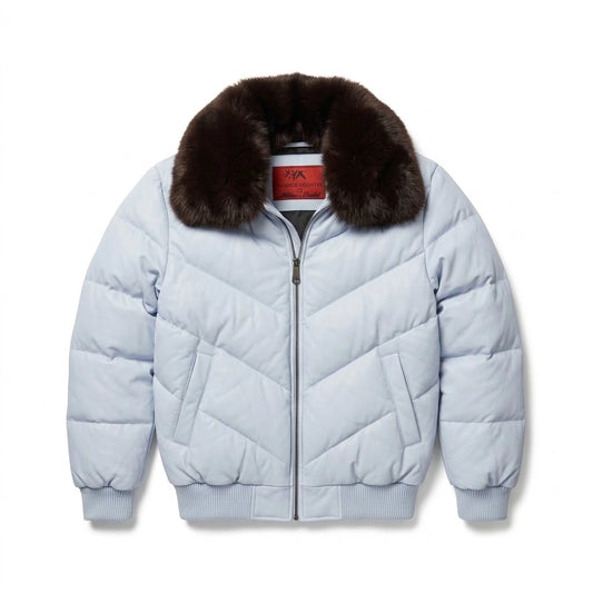 Men’s White V-Bomber Jacket with black fur collar 