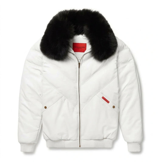 Men's White V Bomber Leather Jacket with black fur collar front view