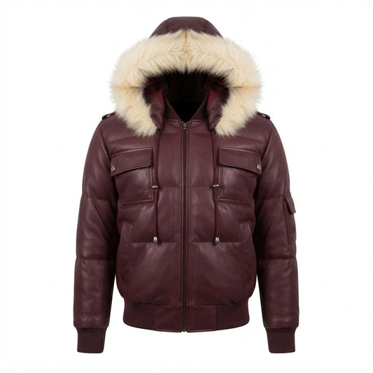 Men’s Winter Warm Hooded Lambskin Puffer Bomber Jacket front view featuring genuine burgundy lambskin leather, plush faux-fur lined hood, and chest utility pockets  