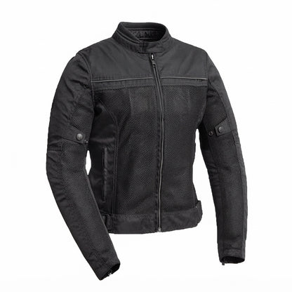Monarch women's Cordura jacket front view showing black textile finish, breathable mesh panels, and mandarin snap collar.