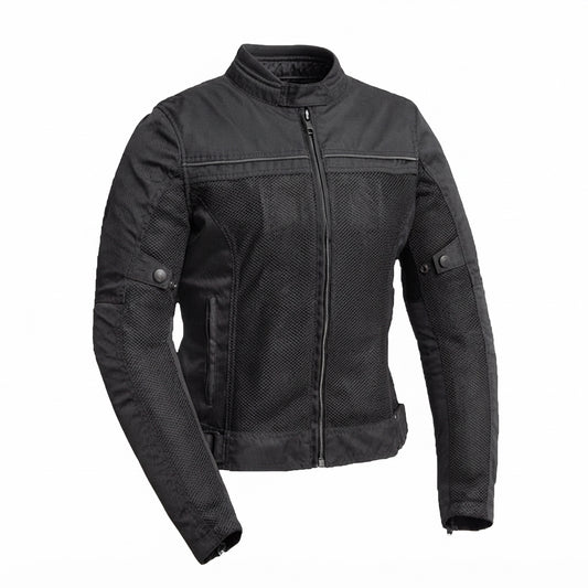 Monarch women's Cordura jacket front view showing black textile finish, breathable mesh panels, and mandarin snap collar.