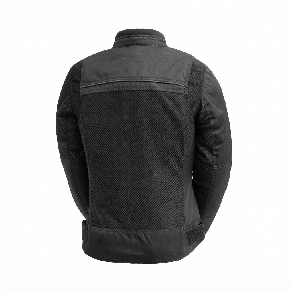 Monarch women's Cordura jacket front view showing black textile finish, breathable mesh panels, and mandarin snap collar.