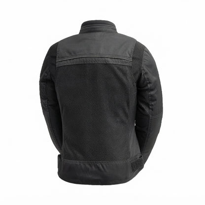Monarch women's Cordura jacket front view showing black textile finish, breathable mesh panels, and mandarin snap collar.