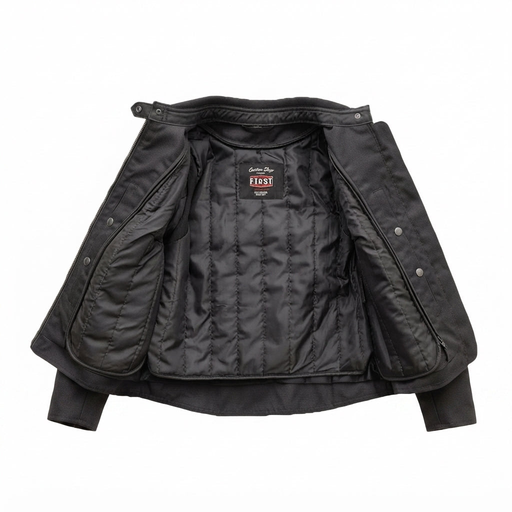 Monarch women's Cordura jacket front view showing black textile finish, breathable mesh panels, and mandarin snap collar.