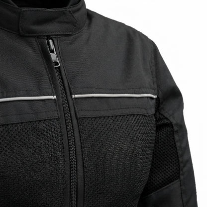 Monarch women's Cordura jacket front view showing black textile finish, breathable mesh panels, and mandarin snap collar.