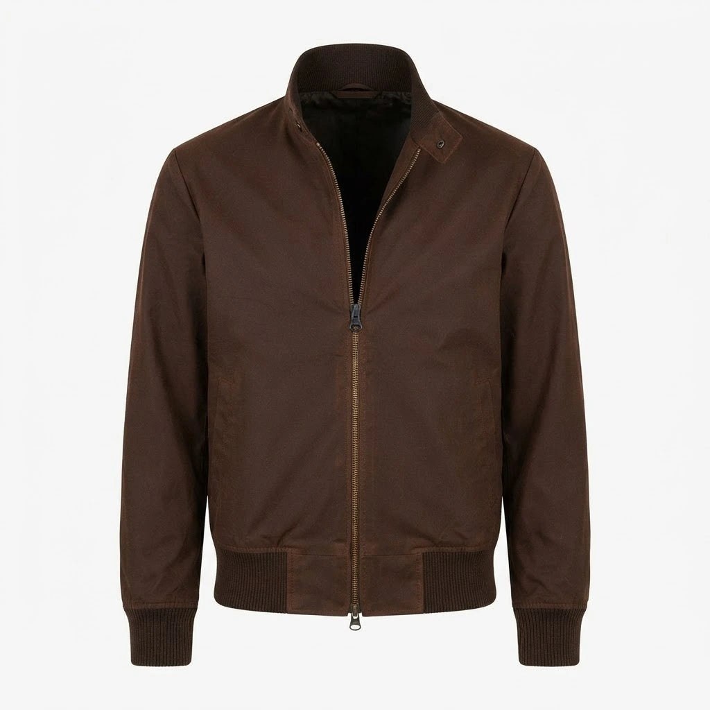 Morrison Brown Canvas Bomber Jacket front view featuring durable brown canvas fabric, stand collar, full metal zip closure, and ribbed trim