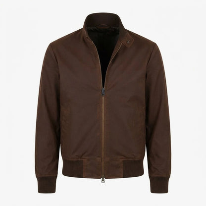 Morrison Brown Canvas Bomber Jacket front view featuring durable brown canvas fabric, stand collar, full metal zip closure, and ribbed trim