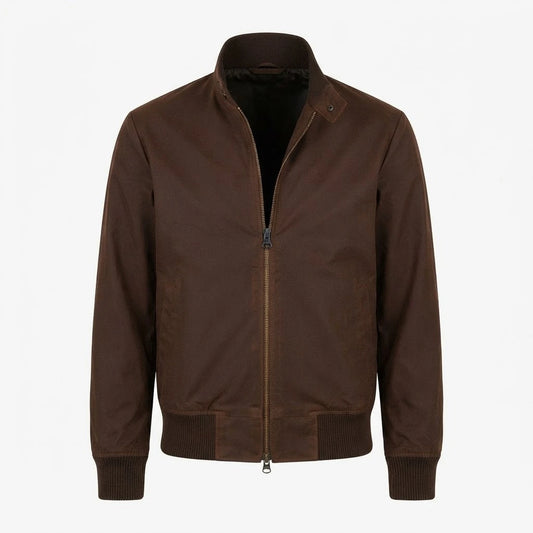 Morrison Brown Canvas Bomber Jacket front view featuring durable brown canvas fabric, stand collar, full metal zip closure, and ribbed trim