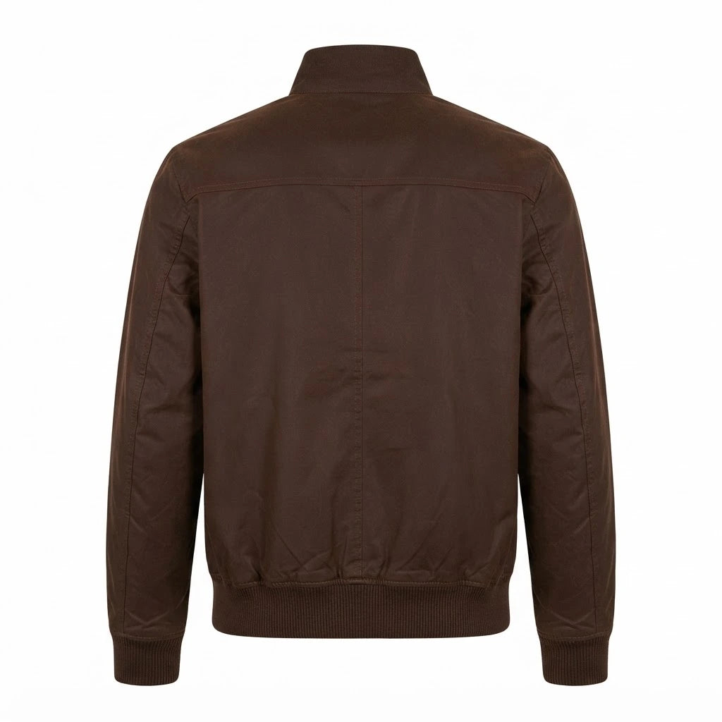 Morrison Brown Canvas Bomber Jacket front view featuring durable brown canvas fabric, stand collar, full metal zip closure, and ribbed trim