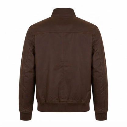 Morrison Brown Canvas Bomber Jacket front view featuring durable brown canvas fabric, stand collar, full metal zip closure, and ribbed trim