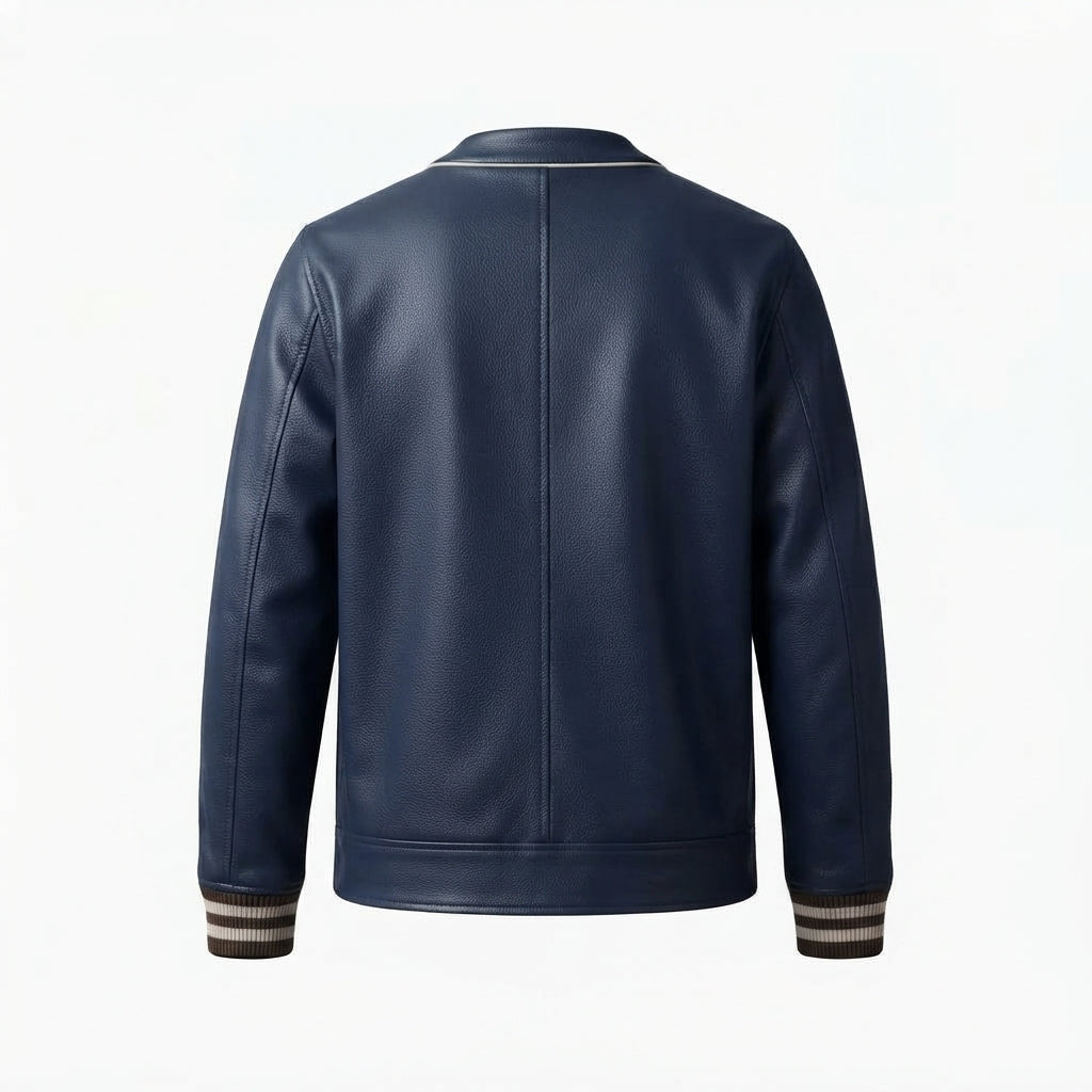 Navy Blue Leather Varsity Jacket front view with contrast piping, snap-button placket, and striped ribbing