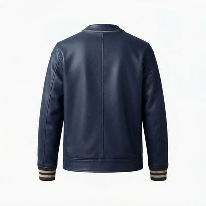 Navy Blue Leather Varsity Jacket front view with contrast piping, snap-button placket, and striped ribbing