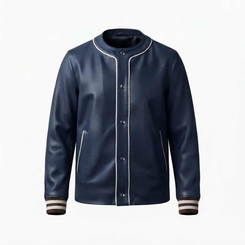 Navy Blue Leather Varsity Jacket front view with contrast piping, snap-button placket, and striped ribbing