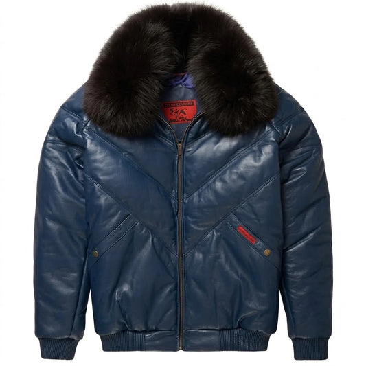 Navy V-Bomber Leather Jacket with dark fur collar front view