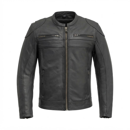 Nemesis Men’s Motorcycle Leather Jacket front view featuring mandarin collar, horizontal chest paneling, and central metal zipper