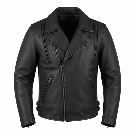 Night Rider Men’s Motorcycle Leather Jacket front view featuring asymmetric zipper, lapels, and vertical shoulder zip accents