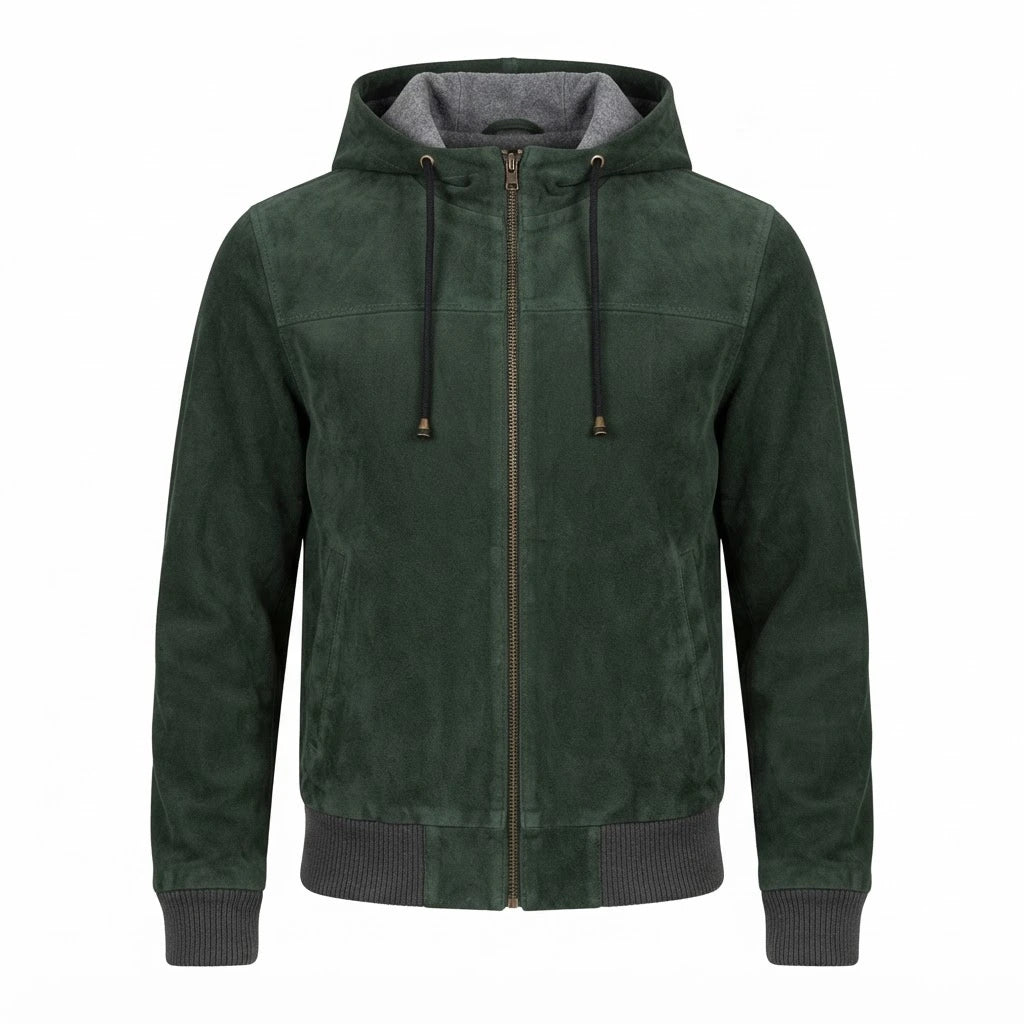 Nintenzo Green Hooded Suede Bomber Jacket front view featuring genuine green suede, attached contrast hood, full zipper, and ribbed trim   