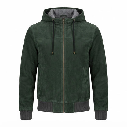 Nintenzo Green Hooded Suede Bomber Jacket front view featuring genuine green suede, attached contrast hood, full zipper, and ribbed trim   