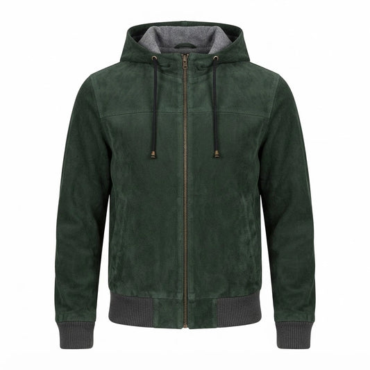 Nintenzo Green Hooded Suede Bomber Jacket front view featuring genuine green suede, attached contrast hood, full zipper, and ribbed trim   