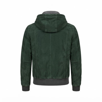 Nintenzo Green Hooded Suede Bomber Jacket front view featuring genuine green suede, attached contrast hood, full zipper, and ribbed trim   