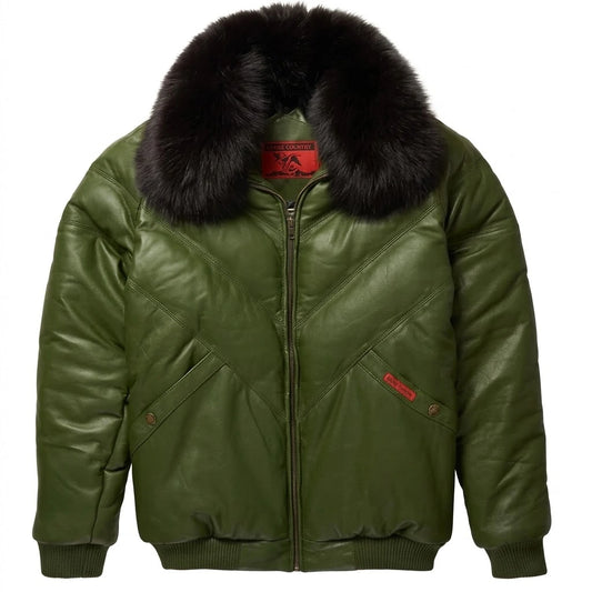 Olive Green V Bomber Leather Jacket with dark fur collar front view