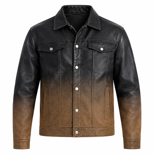 Ombre Faux Leather Trucker Jacket front view featuring black to brown gradient synthetic leather, shank buttons, and chest pockets   