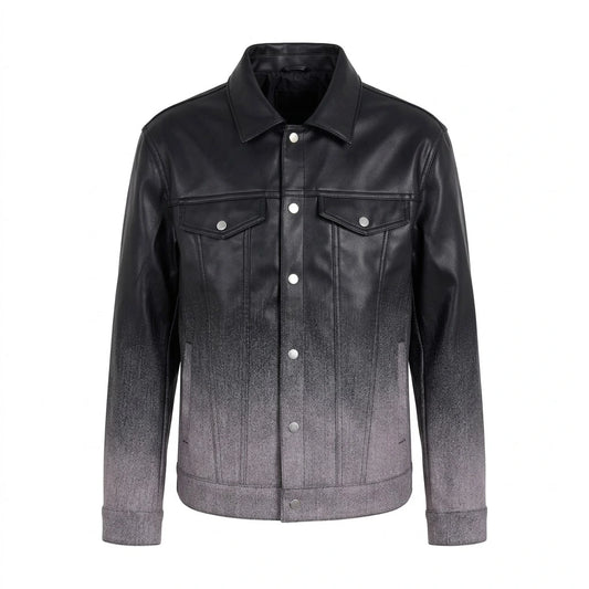Ombre Faux Leather Trucker Jacket front view featuring black to grey gradient synthetic leather, shank buttons, and chest pockets   