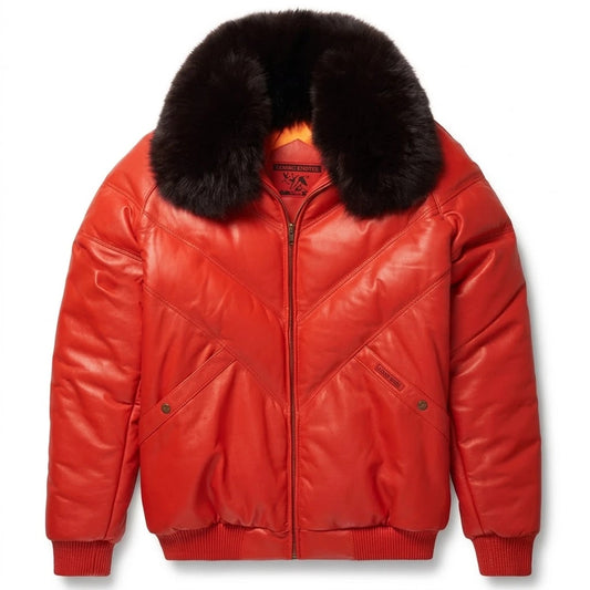 Orange Leather Black Fur V Bomber Jacket front view with black fur collar