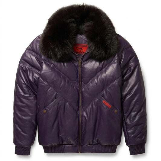 Purple V-Bomber Leather Jacket with dark fur collar front view