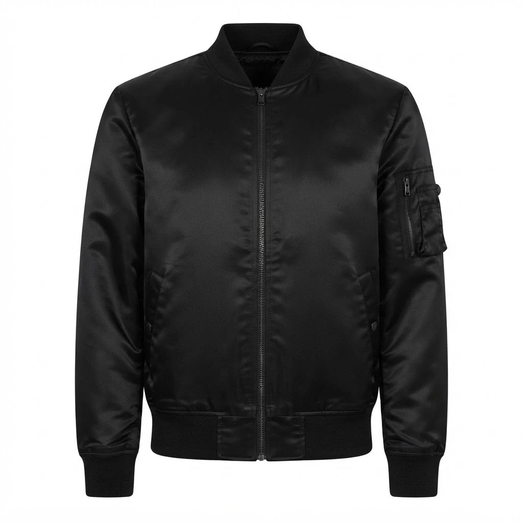 Quinton Black MA-1 Bomber Jacket front view featuring black satin fabric, full zip closure, sleeve utility pocket, and ribbed trim   