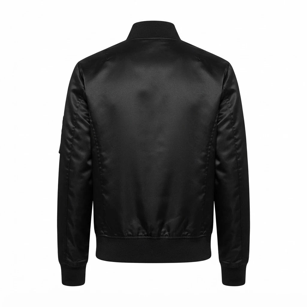 Quinton Black MA-1 Bomber Jacket front view featuring black satin fabric, full zip closure, sleeve utility pocket, and ribbed trim   