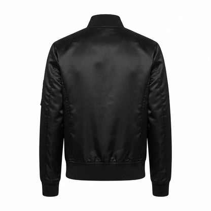 Quinton Black MA-1 Bomber Jacket front view featuring black satin fabric, full zip closure, sleeve utility pocket, and ribbed trim   
