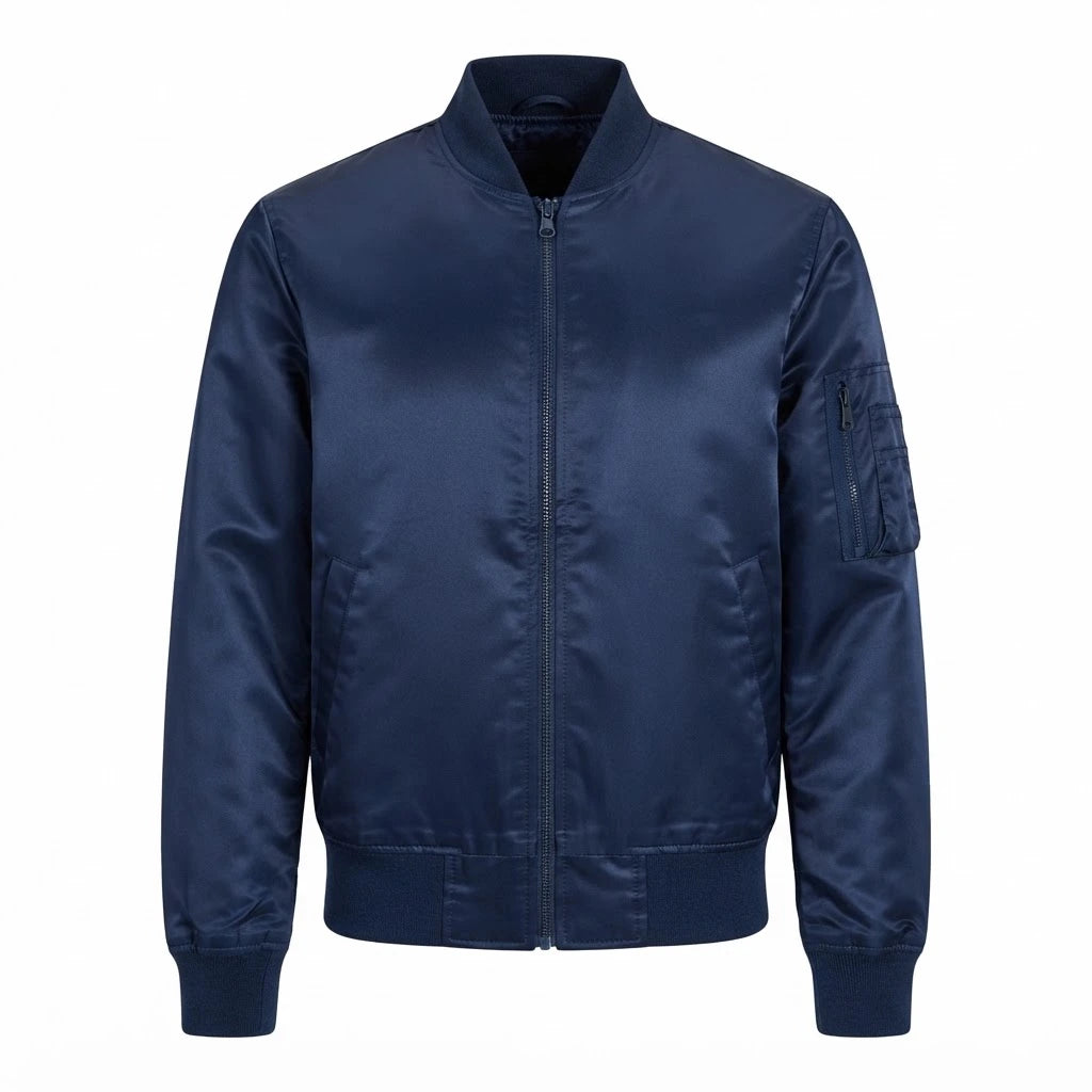 Quinton Blue MA-1 Bomber Jacket front view featuring royal blue satin fabric, full zip closure, sleeve utility pocket, and ribbed trim   
