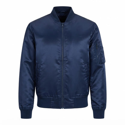 Quinton Blue MA-1 Bomber Jacket front view featuring royal blue satin fabric, full zip closure, sleeve utility pocket, and ribbed trim   
