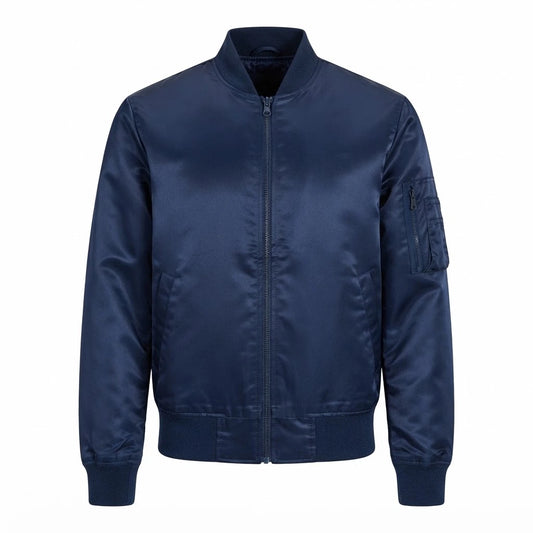 Quinton Blue MA-1 Bomber Jacket front view featuring royal blue satin fabric, full zip closure, sleeve utility pocket, and ribbed trim   