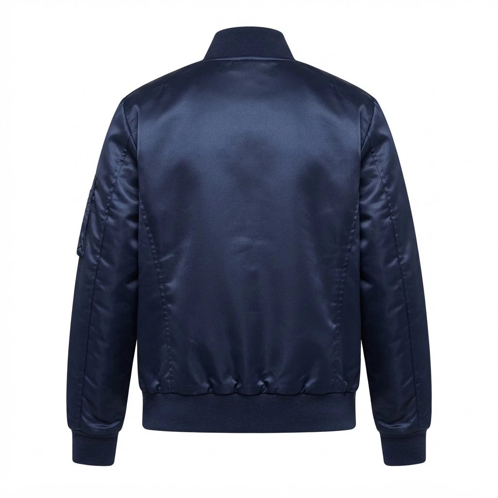 Quinton Blue MA-1 Bomber Jacket front view featuring royal blue satin fabric, full zip closure, sleeve utility pocket, and ribbed trim   