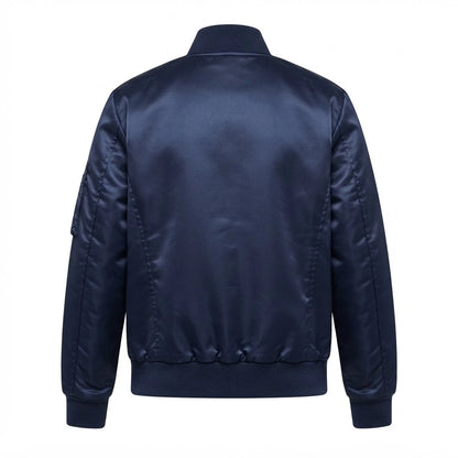 Quinton Blue MA-1 Bomber Jacket front view featuring royal blue satin fabric, full zip closure, sleeve utility pocket, and ribbed trim   